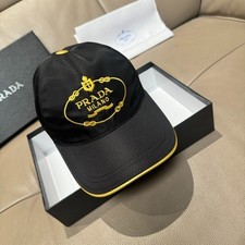 Prada Re-Nylon Baseball Cap Unisex Black Gold Embroidered Logo With Box