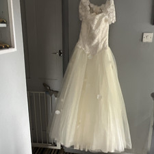 Ronald Joyce Ivory Lace A-Line Wedding Dress Square Neck Short Sleeve Size 12