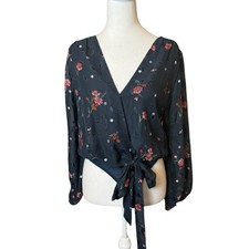ASTR The Label Jill Navy Blue Floral Print Polka Dot Long Sleeve Bodysuit XS