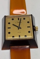 Vintage Rare Amber Acrylic Swiss Made Chateau Manual Mechanical Watch - Runs