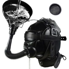 PU Leather Hood Headgear Blindfold Eye Mask Fetish Restraint Irrigation Funnel