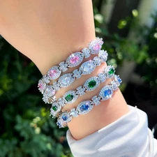 Women White Pink CZ Pave Oval Tennis Bracelet Silver Plated for Brides Wedding