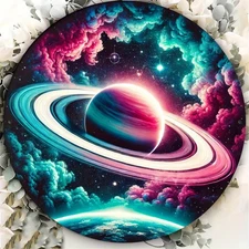Round Jupiter Retro Space Theme Metal Wall Art Turquoise Pink