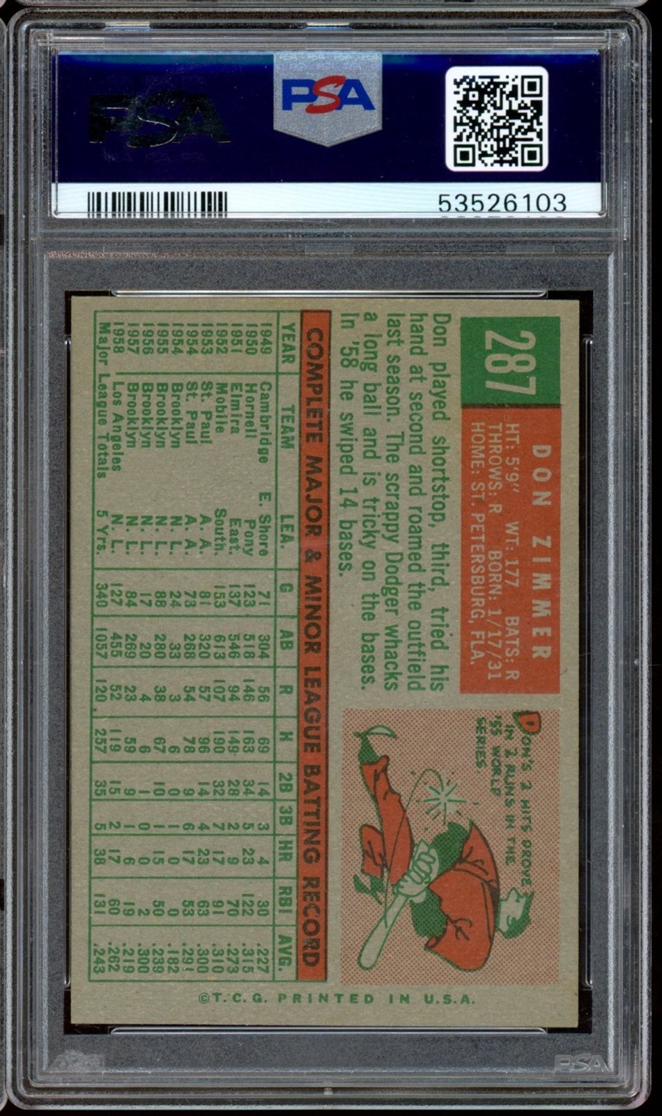 1959 Topps Baseball #287 Don Zimmer PSA 6 view 2