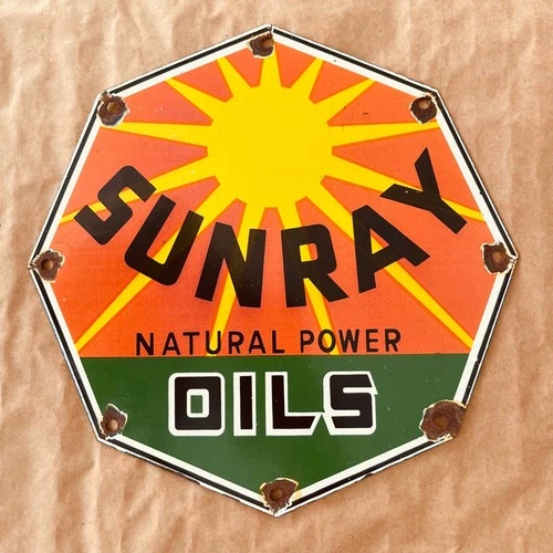 Rare Vintage Sunray Natural Power Oils Porcelain Enamel Advertising Sign 10 inch