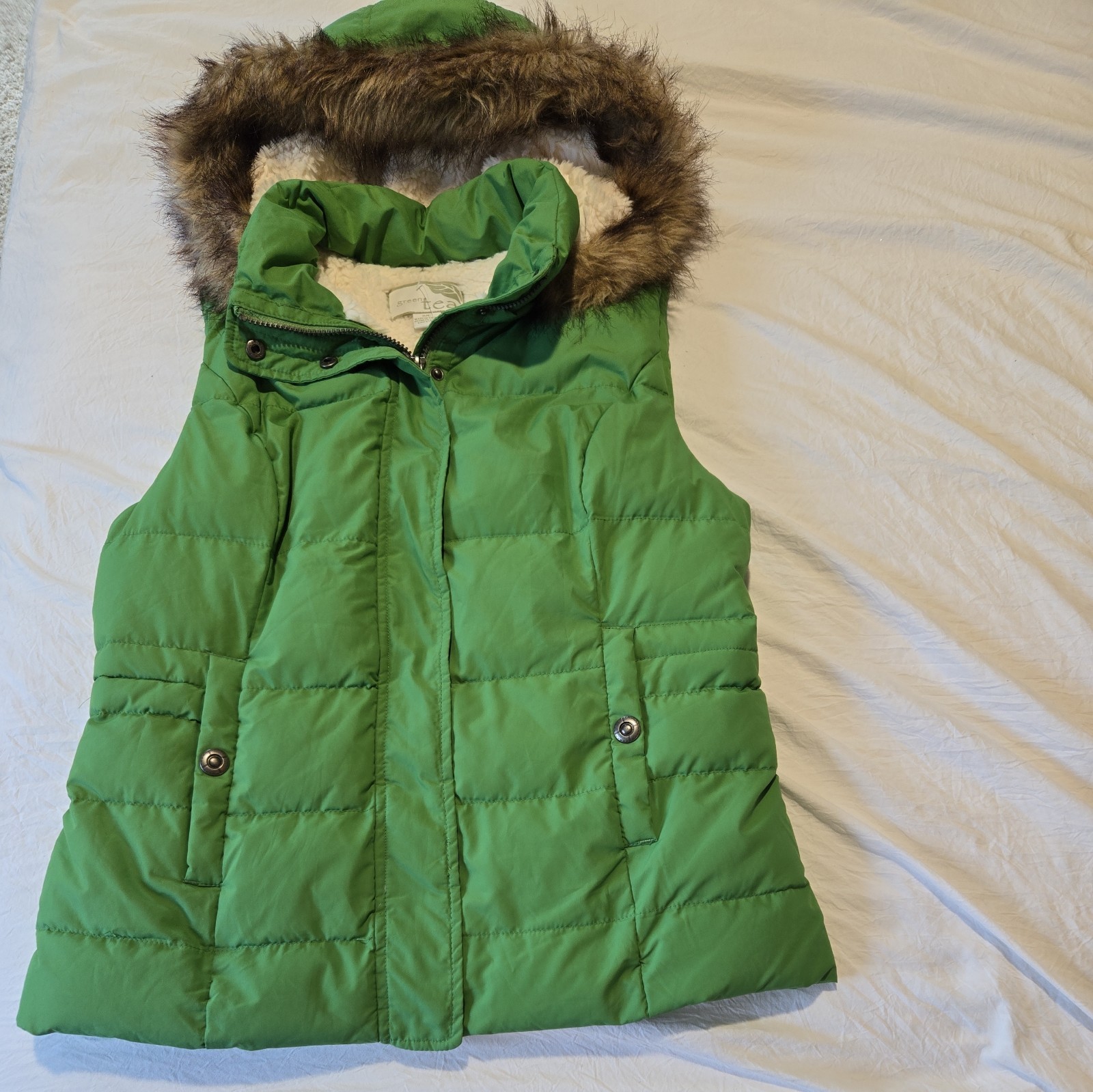 Womens Green Tea Puffer Vest with Hood & Fur Lining Size S/C Excellent Condition