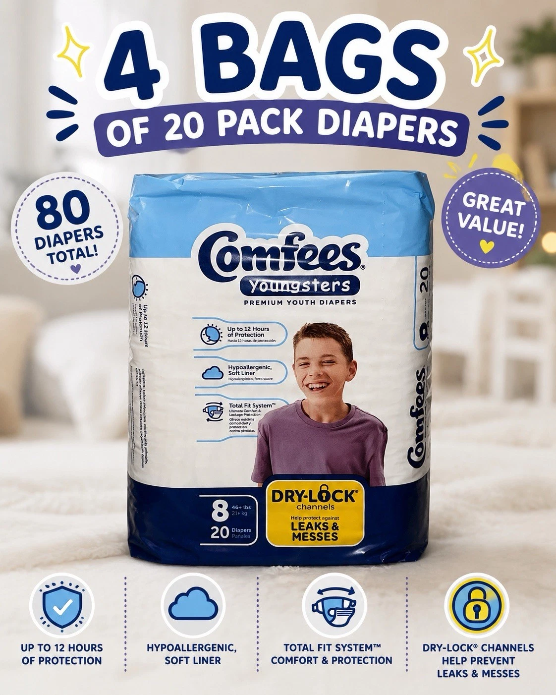 Comfees Youngsters Premium Youth Diapers Size 8 Dry-LOCK Channels (80 PACK)