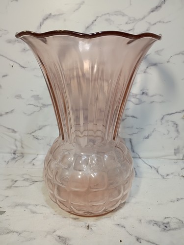 Pink Depression Glass Vase Ruffled Fan Top Pineapple Waffle Base 8" Vtg