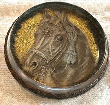 Antique Art Painted Horse Head Glass & Rusty Metal Bridle Rosette Very Old