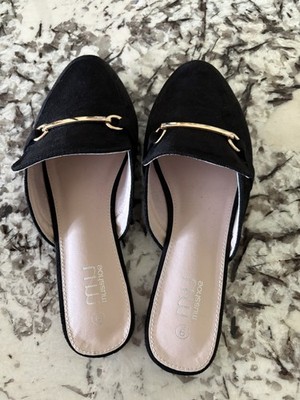 MUSSHOE NEW Black Slip-in Suede Shoes Size 9 Gold Buckle Short Heels for Women