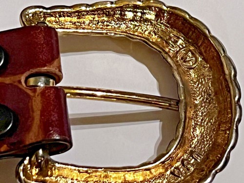 Catherine Dial Easley Brown/Tan Textured Belt Yellow Gold Tone Buckle Sz. M (34) - Picture 6 of 11