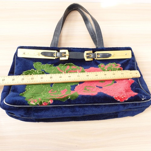 1970s VINTAGE Roberta Di Camerino Bag Flower Navy Devore Gold Belt Bagonghi RARE - Picture 6 of 23