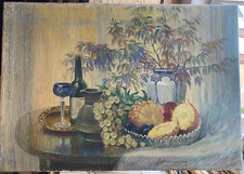 Dipinto A Olio Fiori Natura Morta Con Ananas Vino Uva °ILLEGIBILE FIRMATO