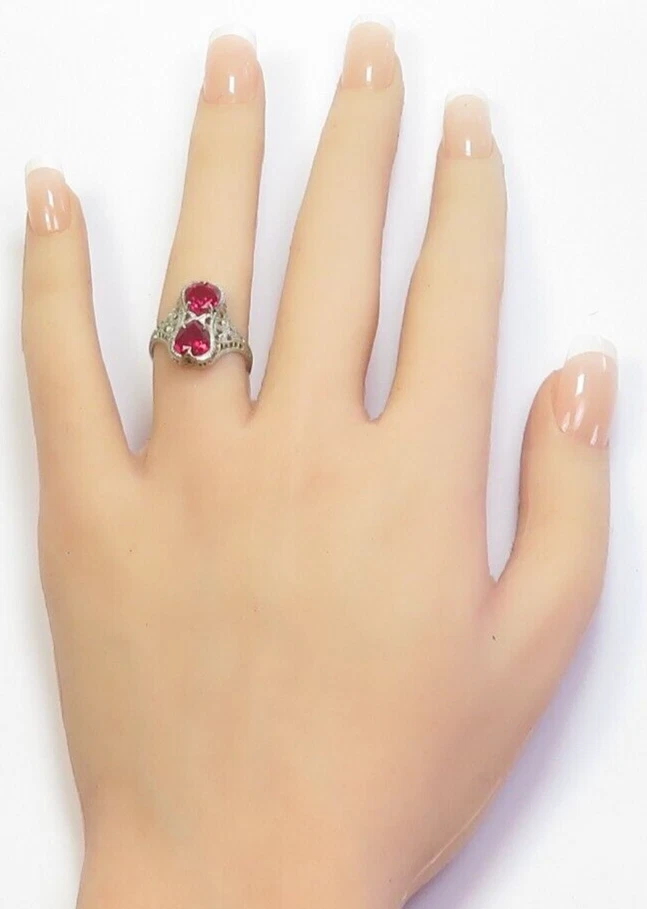 Antiguo anillo de filigrana de oro Ostby Barton piedras rojas de 1920 9KW tamaño 7,5 UK-O1/2 Foto 2 de 4