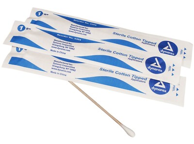 DYNAREX Cotton Tipped Applicators 6'' Wood Sticks Sterile Peel Downs 100/BX 4304