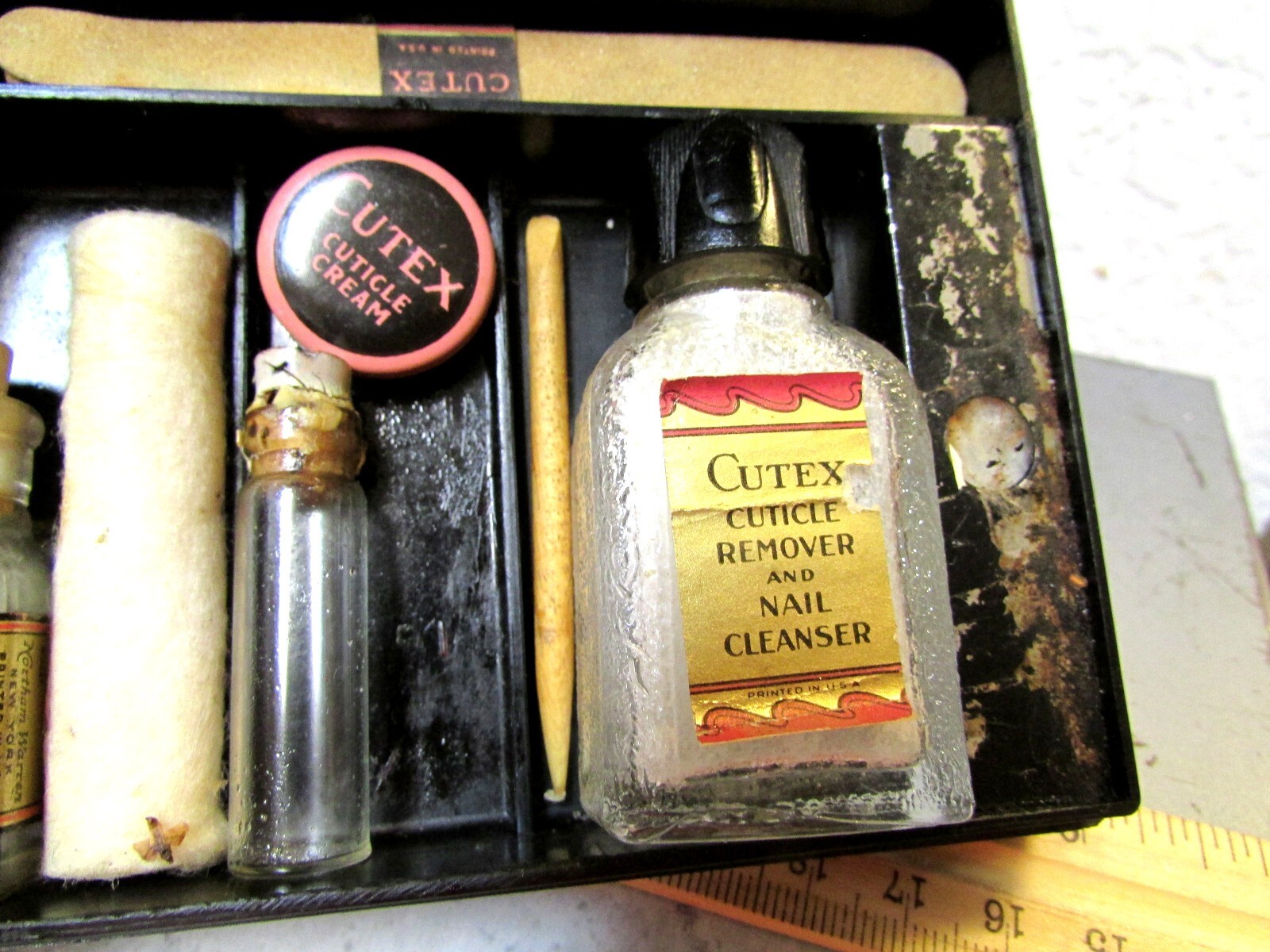 vintage travel style Cutex Finger nail kit, cool bottles & tin, vanity decor