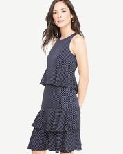 NWT ANN TAYLOR Navy Blue Polka Dot Tiered Ruffle Sleeveless Dress Size Size12