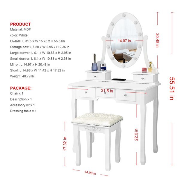Vanity Table 10 LED Lights Makeup Dressing Desk Set 5 Drawers Bedroom