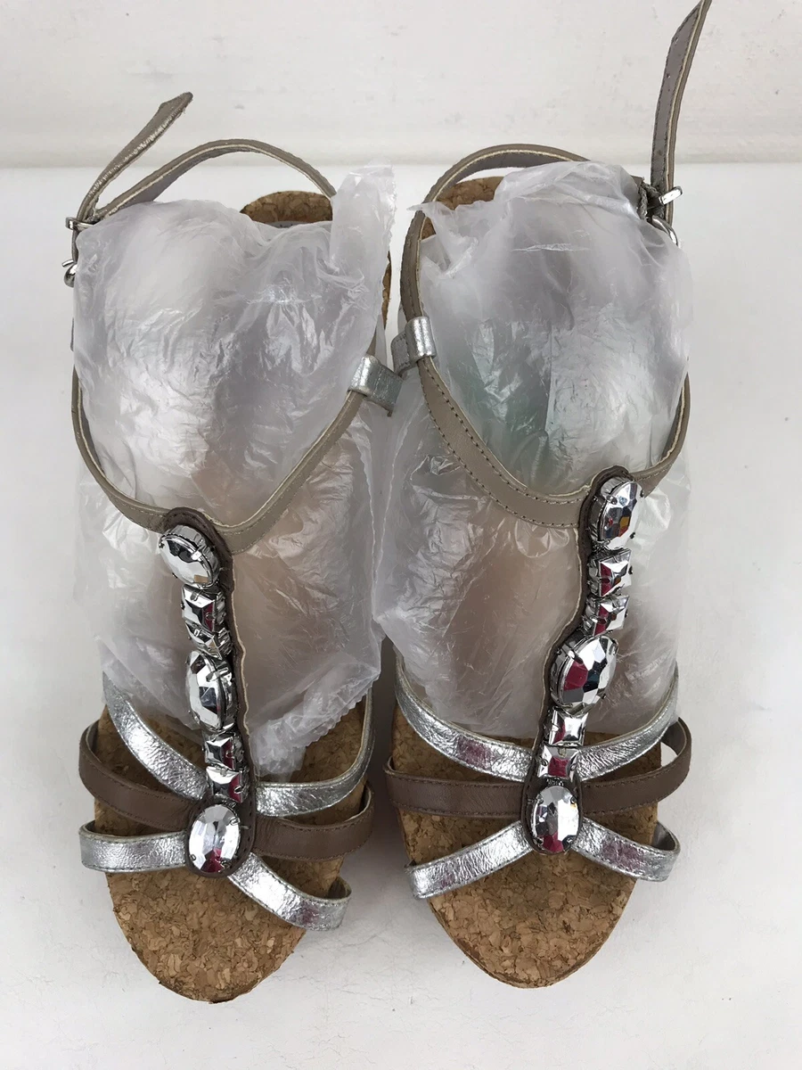 Next Silver Leather Strap Diamante Cork Wedge Platform Sandals Shoes Grey Brown4