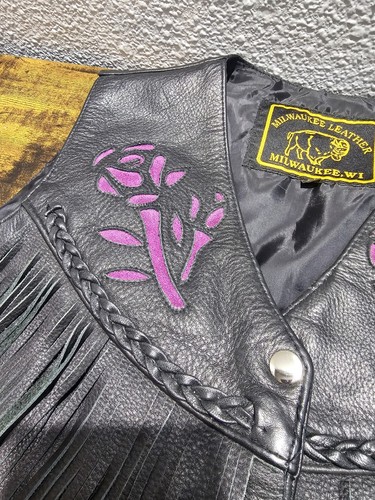 Milwaukee Leather Motorcyle Vest Womens Fringe Suade Roses 4 Pockets Sz Medium - Picture 6 of 24