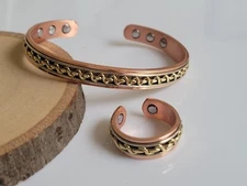Solid Copper Magnetic Bracelet Ring Set 3Tone Arthritis Therapy Cuff Set Zig Zag