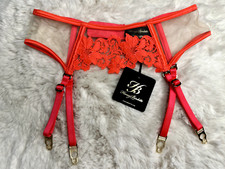 Honey Birdette AMELIE   Neon Pink Coral Floral Garter Suspender Belt XS