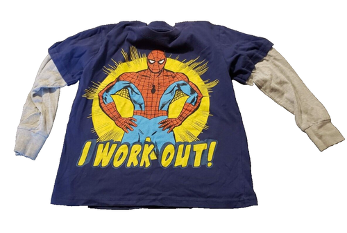Marvel Spiderman I Work Out Boys Small Long Sleeve Graphic Tee Blue - Picture 3 of 5