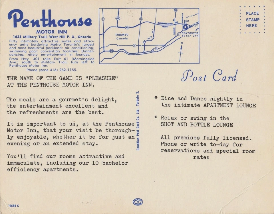 RARE 60's PENTHOUSE MOTOR INN Restaurant-ONTARIO, CANADA-Large 5 View-Band RUSH - Image 2 of 2