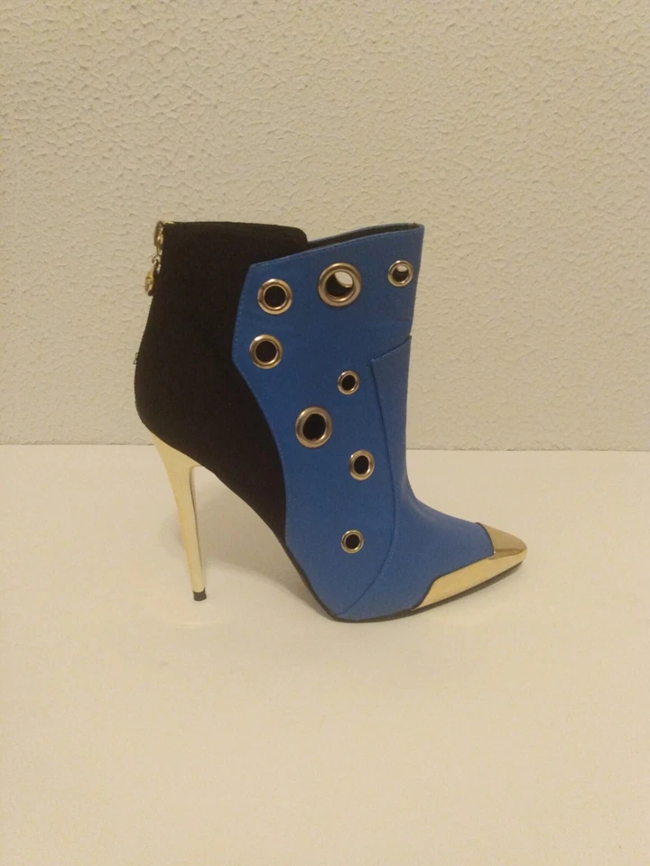 Wild Rose 蓝色黑色人造皮革人造麂皮绒拉链踝靴 4 3/4 英寸高跟靴 8.5 码 — 第 2/4 张图片
