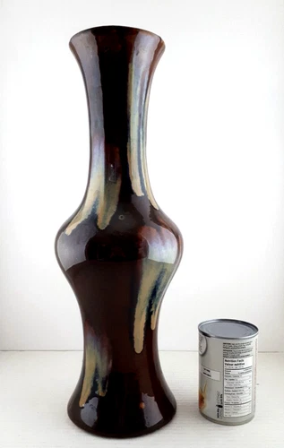 Vtg 70's Drip Glaze Vase Lamp Base Hand Thrown Pottery Large Brown Tan 16 inch