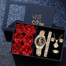 6PCS Gold Ladies Watch Set Quartz Rhinestone Bracelet Necklace Gift Mothers Day