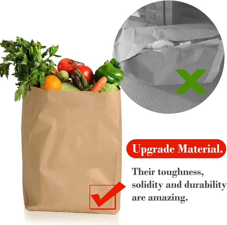 Bolsas de supermercado de papel marrón Kraft de alta resistencia 12X7X17 pulgadas 100 piezas Foto 2 de 4