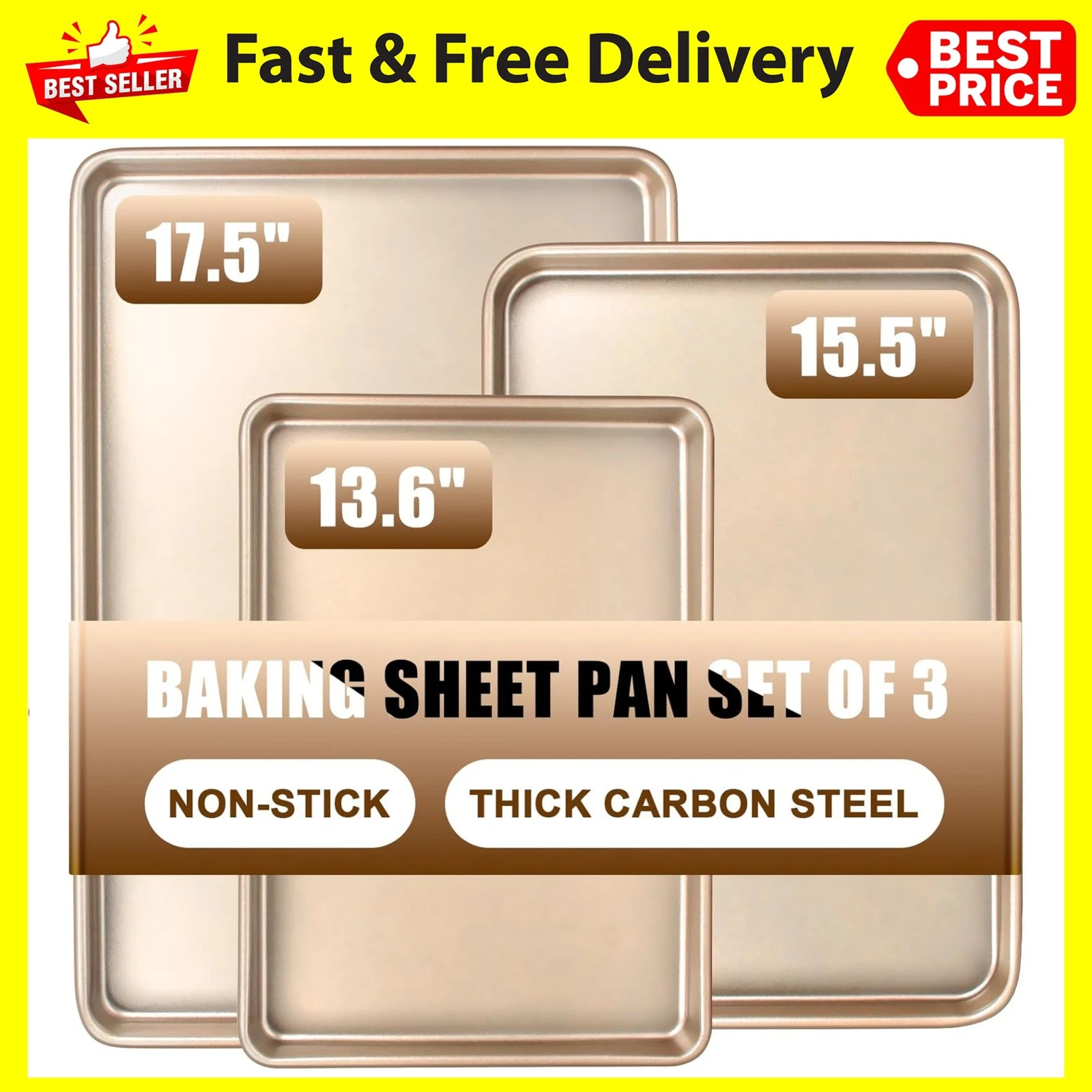 Baking Sheet Pan Set of 3, Commercial Cookie Sheets for Baking, Nonstick Half/Qu