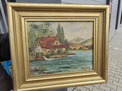 Gemälde Öl Leinwand Landschaft ca. 45x35cm Gerahmt Kirche Bergsee