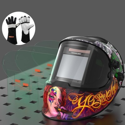 1/1/1/1 Auto-Darkening Welder Mask 180° Panoramic TIG MIG ARC +Lens +Gloves