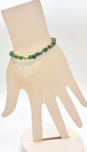 Armband dehnbar Peace Jaspis & grünes Glas & vergoldete Scheiben Größe 6,2 Zoll - Bild 4 von 4