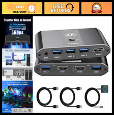 4K HDMI KVM Switch 2 Computers 1 Monitor, USB 3.0 Hub, Remote Control, EDID Comp