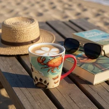 Pet Lovers Latte Mug 12oz Beach Paw Print & Crab Design Coastal Gift Coffee Cup 