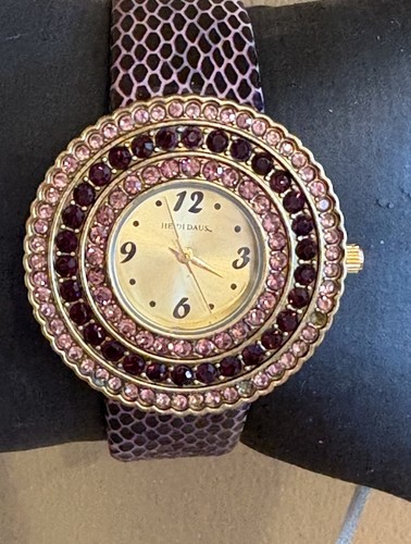 HEIDI DAUS BURGUNDY LEATHER GEMMED DIAL WOMEN’S WATCH/Missing 2 Stones/New Bat.