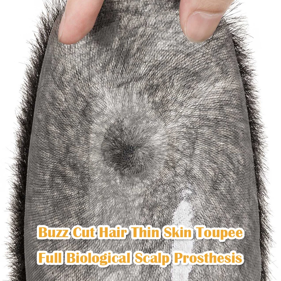 100% REMY Human Hair Toupee for Men Buzz Cut Thin Skin PU Replacemen System Wig - Image 3 of 4