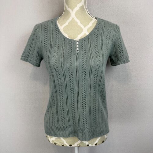 JONES NEW YORK Vintage 100% Cashmere Short Sleeve Sweater Size M Open Knit Sage