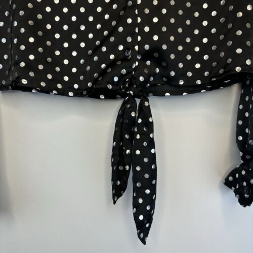 Olsenboye Womens Blouse Button Shirt Crop-top Tie Black Silver Polka Dot Vintage - Picture 3 of 9