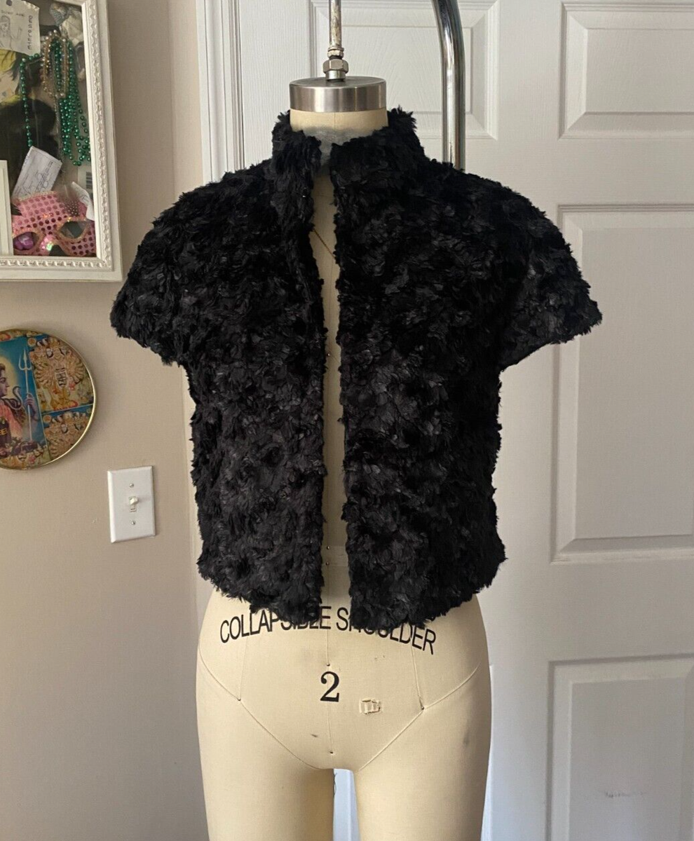 Vivienne Tam BLACK Faux Fur Open Front Cap Sleeve Bolero Jacket 
