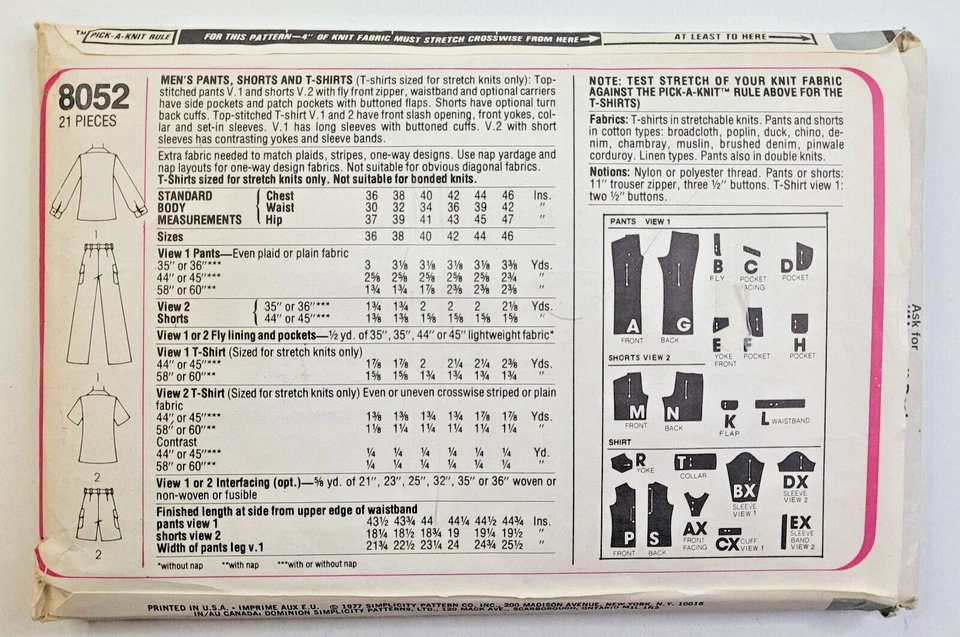 Pantalones Cortos de Carga Pantalones Tejidos Camisa Pecho 40 De Colección Años 70 Simplicity Coser Patrón 8052 Para Hombres Foto 2 de 3