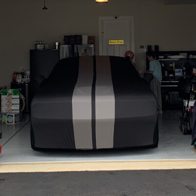 Ultraguard Stretch Satin Car Cover For Ford Mustang (2005-2023) – Indoor Use, Custom Fit, Black/Gray Stripes