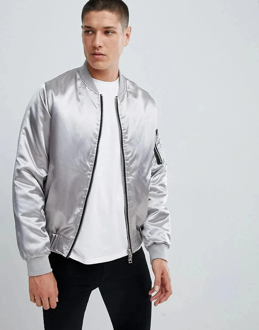 Silky Satin Mens Bomber Padded Jacket regular fit Khaki Silver S