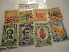 Eight 1911-1930 Ecuador Postage Stamps - 1, 2,5, 6,10, 20, 1,2 Denomination