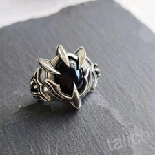 925 Sterling Silver Ornate Shield Black Onyx Eagle Claw Ring Adjustable Gothic