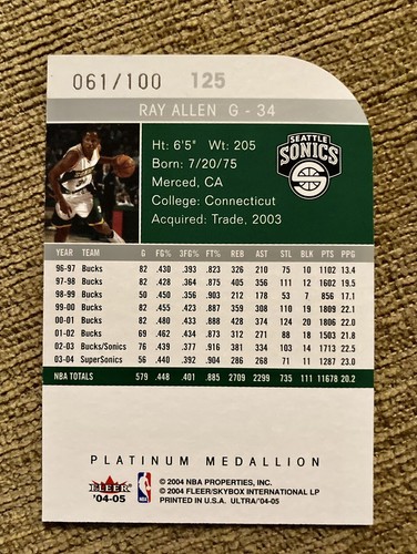 2004-05 Fleer Ultra Platinum Medallion #125 Ray Allen Sonics /100 HOF Rare - Picture 2 of 4