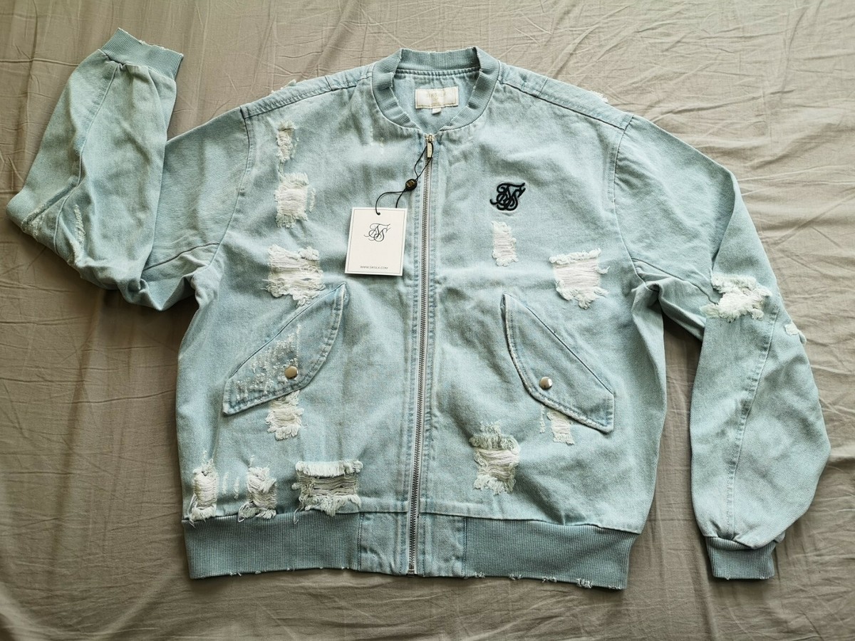 SikSilk Men's Blue Distressed Denim Bomber Jacket Size 38 Small New With  Tags
